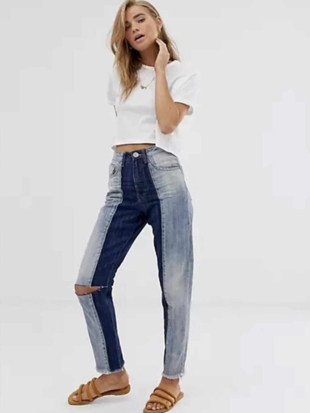 One x Oneteaspoon High-Rise Two-Tone Mom Jeans - Blue